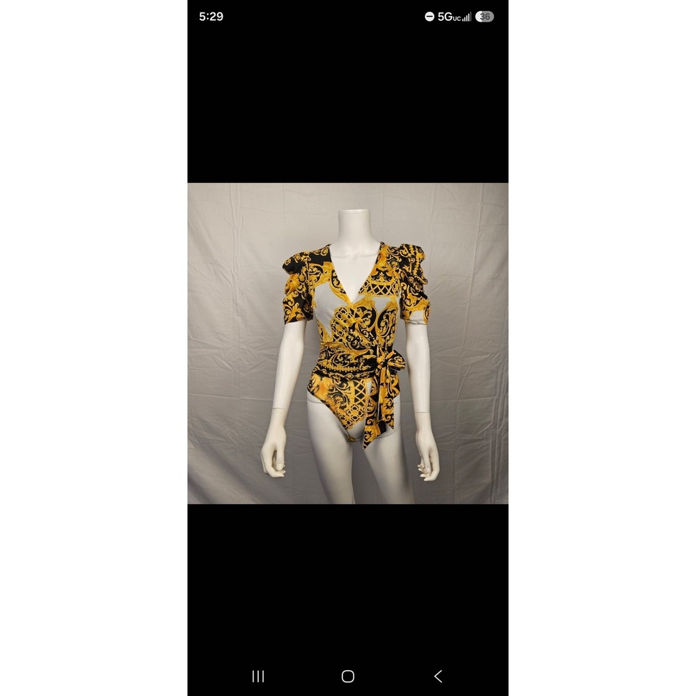 Fashion Nova I Don't Speak Broke Surplice Bodysuit Baroque Gold Black White S